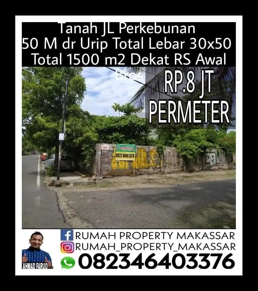 Tanah JL Perkebunan  50 M dr Urip Total Lebar 30x50  Totall 1500 m2