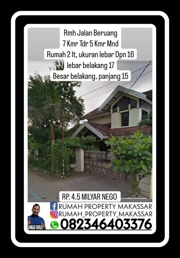 Rmh Jalan Beruang 7 Kmr Tdr 5 Kmr Mnd Rumah 2 lt, ukuran lebar Dpn 16