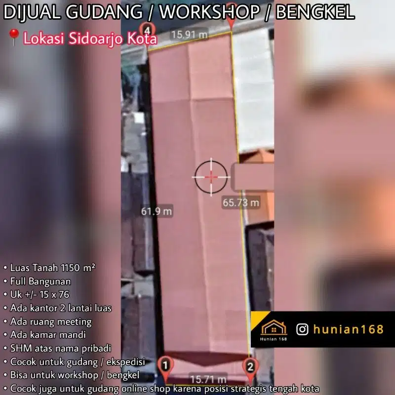 JUAL Bekas Gudang Pabrik Workshop Tengah Pusat Kota Pagerwojo Sidoarjo