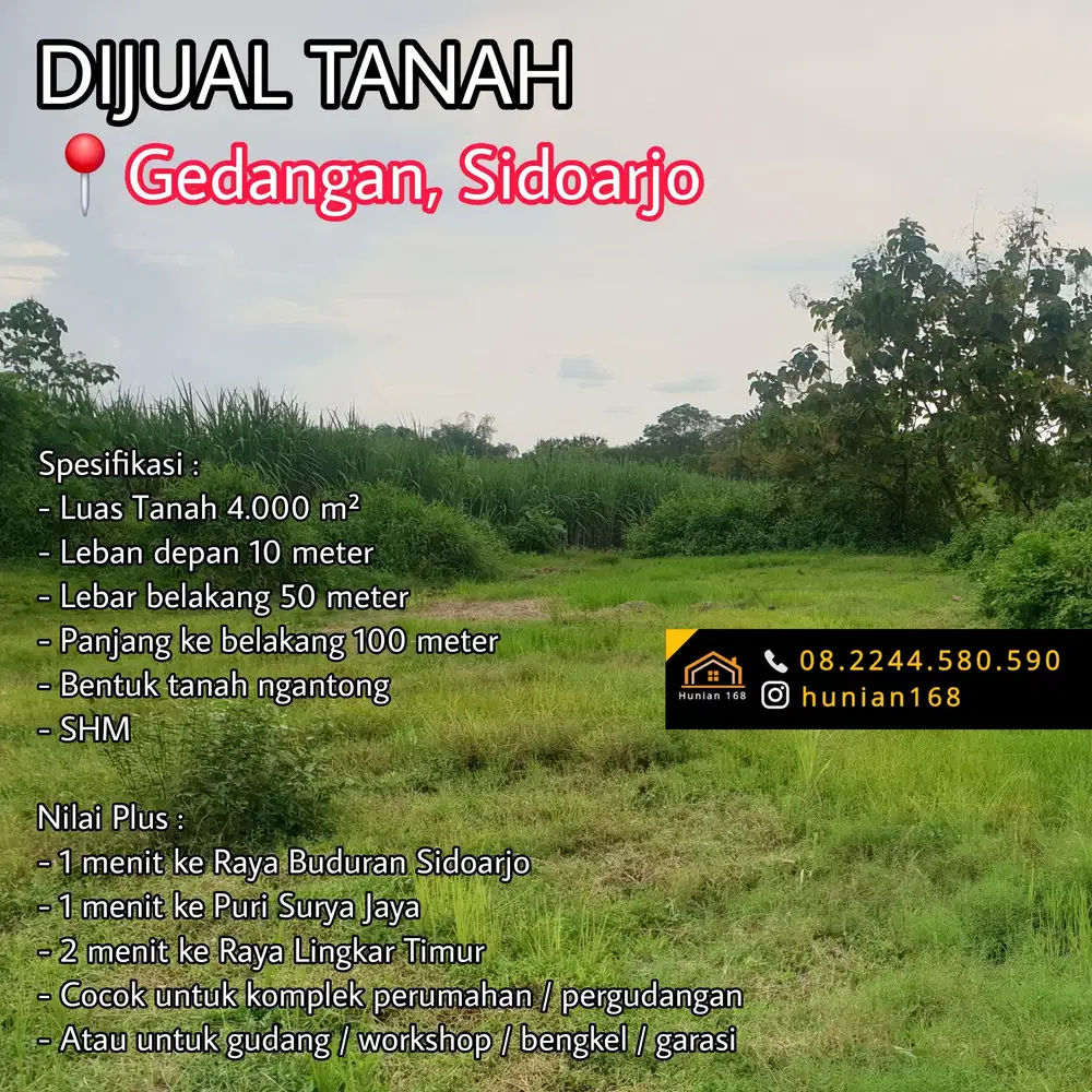 Tanah Pergudangan Perumahan Developer Raya Buduran Gedangan Sidoarjo