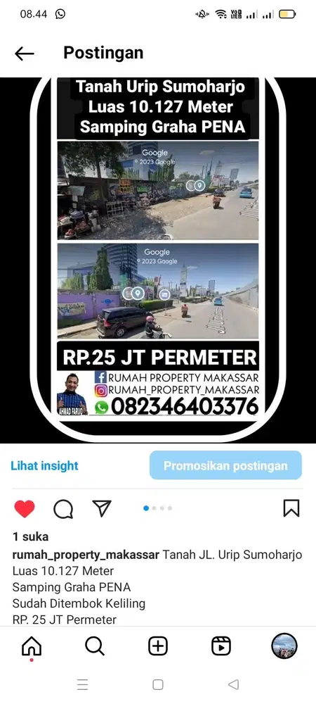 Tanah JL. Urip Sumoharjo  Luas 10.127 Meter Samping Graha PENA