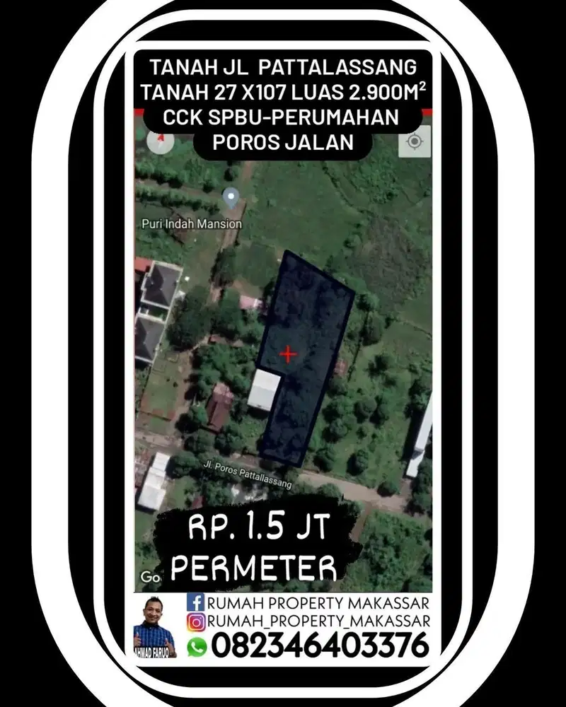 Tanah Poros Jl Pattalassang 27X107 Luas 2900M² Dekat Puri Indah Mansio