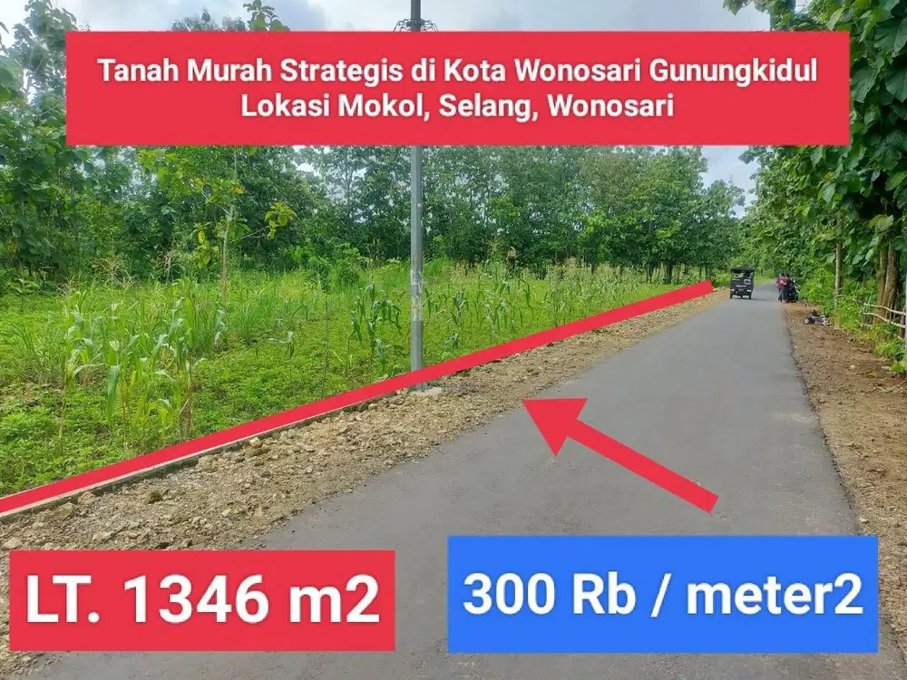 Jual tanah pinggir jalan di mokol selang wonosari Gunung kidul