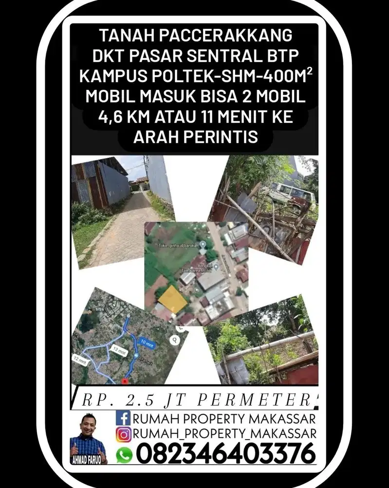 Tanah Kosong Paccerakkang Dekat Pasar Sentral BTP  Luas 400 meter