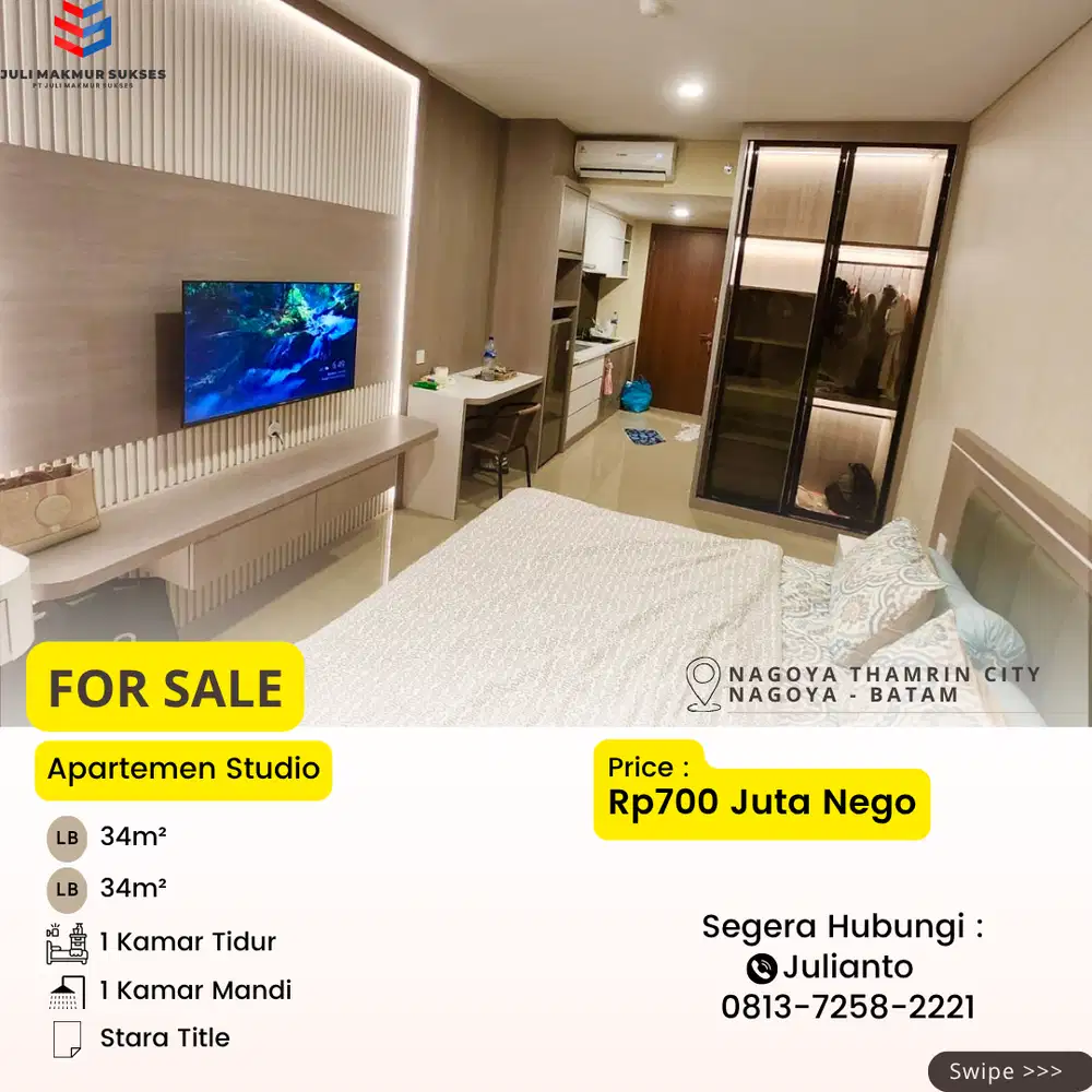 Dijual CEPAT Apartemen Studio Full Furnished di Nagoya Thamrin City