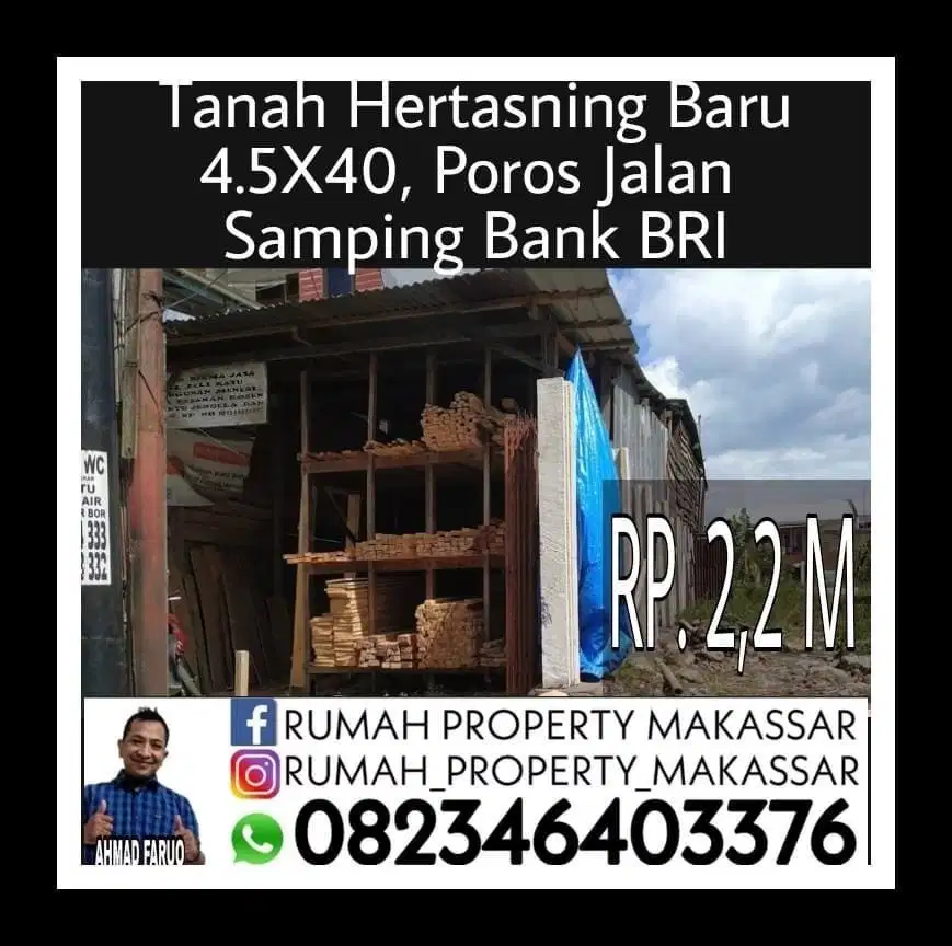 Tanah Hertasning Baru Makassar 4.5X40, Poros Jalan  Samping Bank BRI