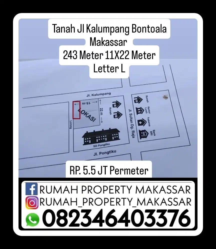 Tanah Jl Kalumpang Bontoala Makassar  243 Meter 11X22 Meter Letter L