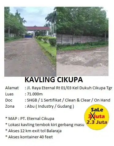 Dijual Kavling Industri di Area Cikupa