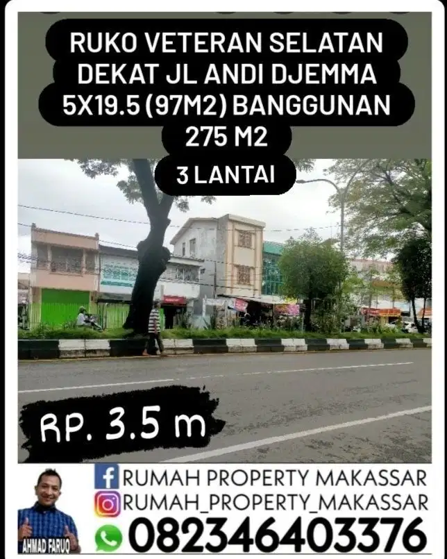 Ruko  JL  Veteran Selatan 5X19.5 (97m2)  LB 275m2 3 Lti Dkt Andi Djemma