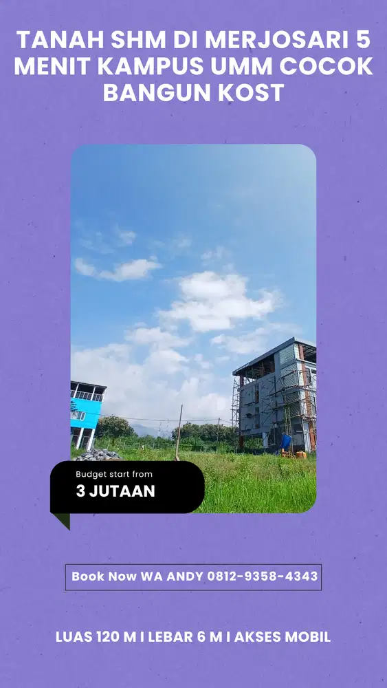 Tanah 3 jutaan di merjosari malang cocok bangun kost