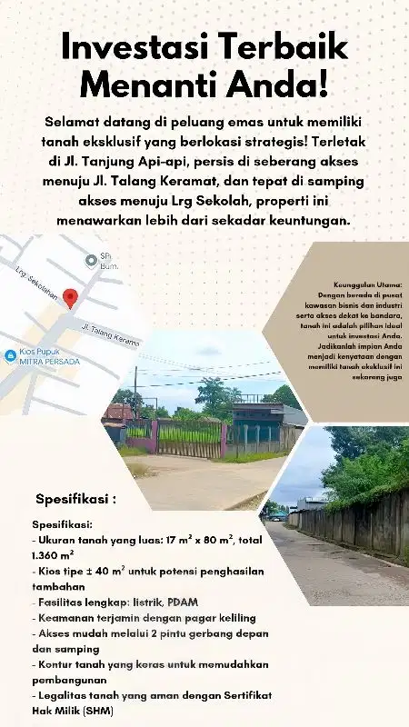 Jual tanah di tanjung api api seberang  jl talang keramat