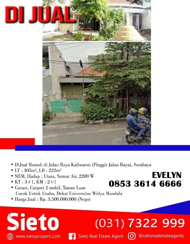 DiJual Rumah di Jalan Raya Kaliwaron (Pinggir Jalan Raya), Surabaya