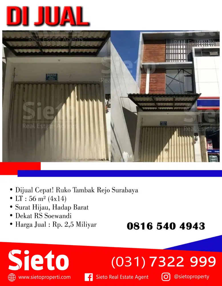 Dijual Cepat! Ruko Tambak Rejo Surabaya