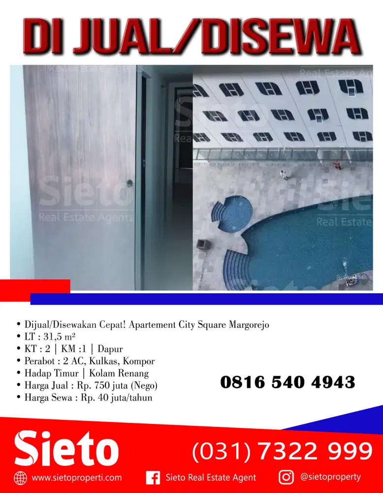 Dijual/Disewakan Cepat! Apartement City Square Margorejo