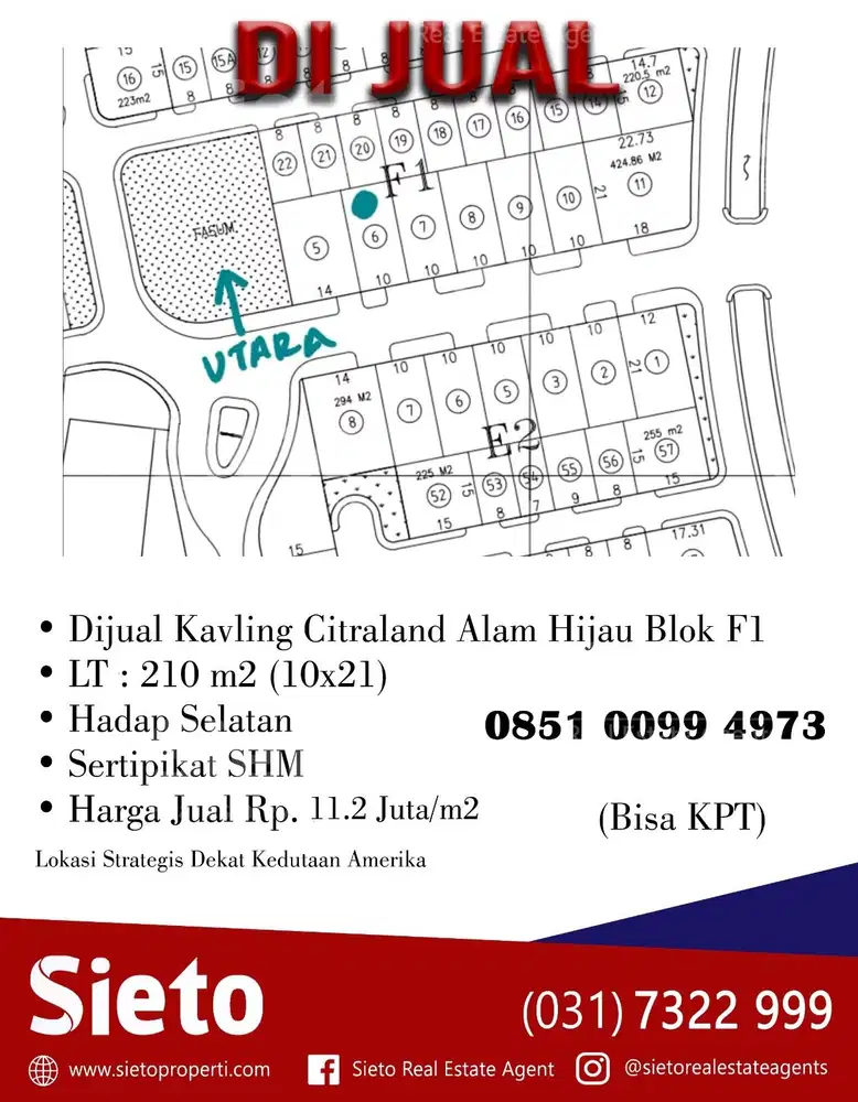 Dijual Kavling Citraland Alam Hijau Blok F1, Harga 11,2juta