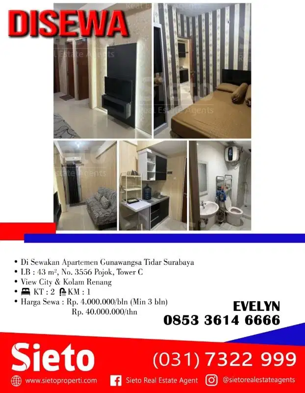 DiSewakan Apartement Gunawangsa Tidar, Surabaya