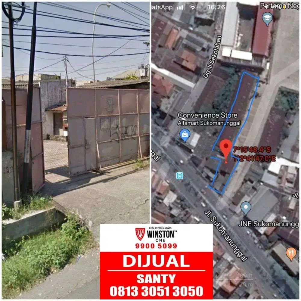 Jual gudang Raya Sukomanunggal luas 1100m2 SHM