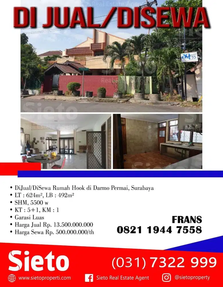 DiJual/DiSewa Rumah Hook di Darmo Permai, Surabaya