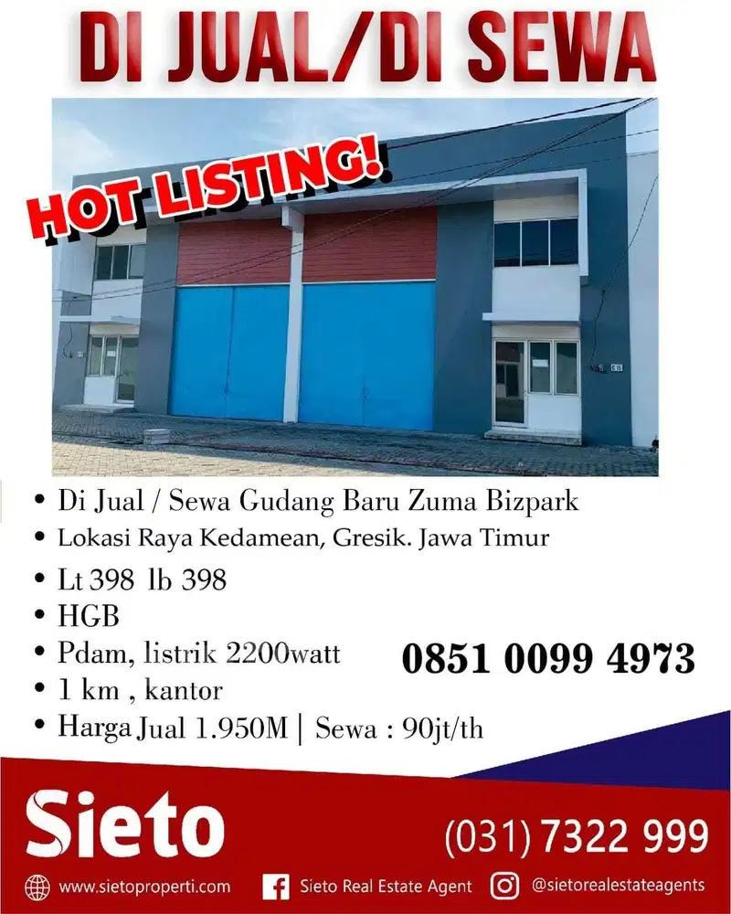 PROMO  Dijual/Disewa Gudang Baru Zuma Bizpark, Raya Kedamean, Gresik