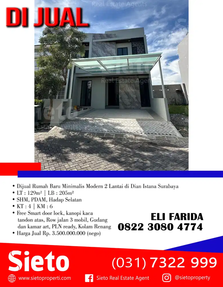 Dijual Rumah Baru Minimalis Modern 2 Lantai di Dian Istana Surabaya