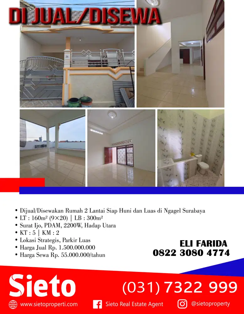 Dijual/Disewakan Rumah 2 Lantai Siap Huni dan Luas di Ngagel Surabaya