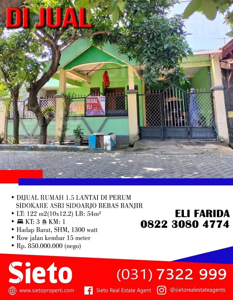 DIJUAL RUMAH 1.5 LANTAI DI PERUM SIDOKARE ASRI SIDOARJO BEBAS BANJIR