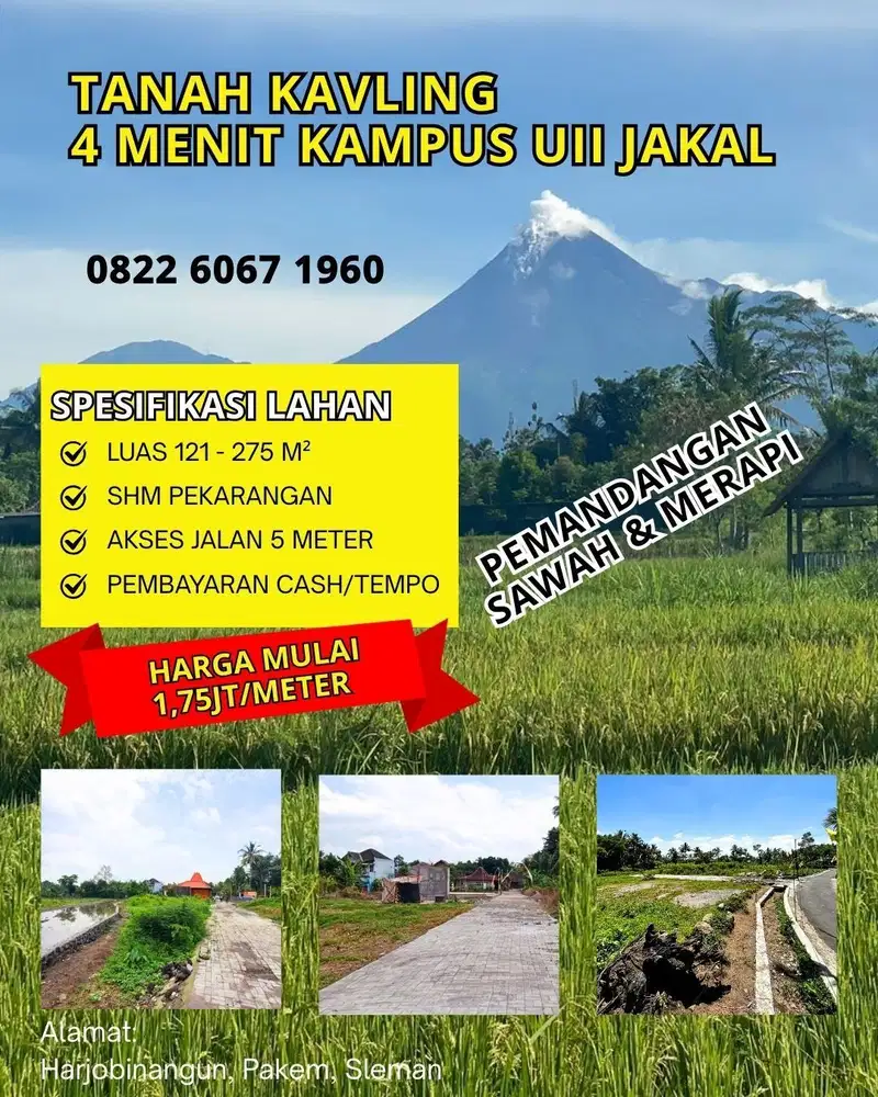 TANAH KAVLING SLEMAN DEKAT KAMPUS UII PEMADANGAN SAWAH & MERAPI