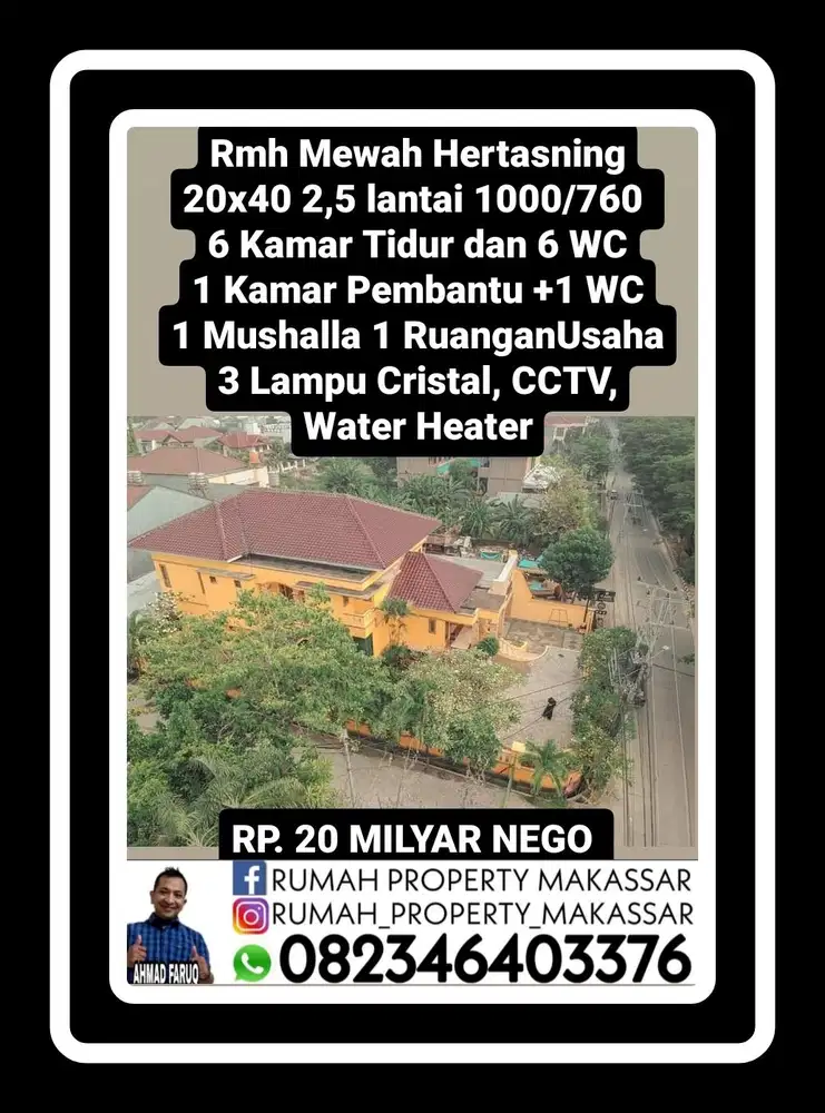 Trn Harga Rumah Mewah Hertasning 20x40.  3 lantai 1000/800 kmr 6 WC 6