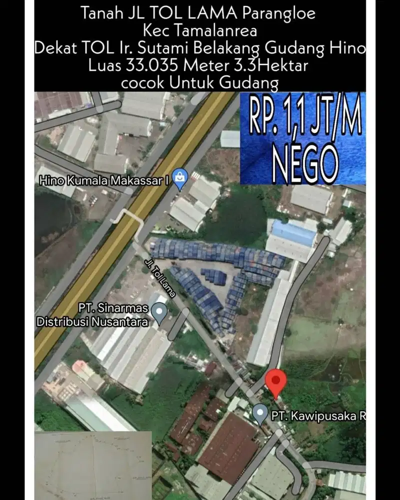Tanah JL TOL LAMA Parangloe blkg Hino luas 3,3 Hektar atau 33.035