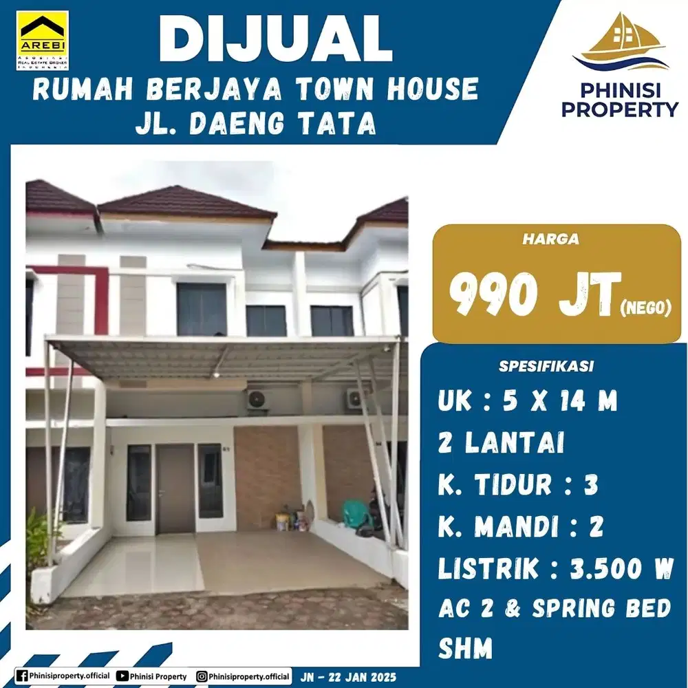 DIJUAL Rumah Berjaya Town House di Jalan Daeng Tata