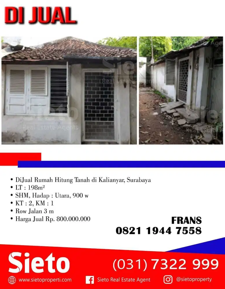 DiJual Rumah Hitung Tanah di Kalianyar, Surabaya