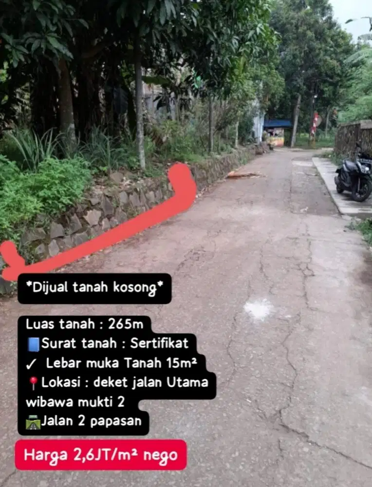 Tanah kosong di jatisari kota bekasi LT.265m shm jln pruis 2mobil