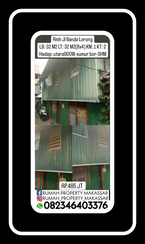 Disewakan atau Dijual Rmh Jl Banda Lorong Makassar LB 32 LT32 (8x4) KM: 1 KT: 2 Tingkat: 1lt