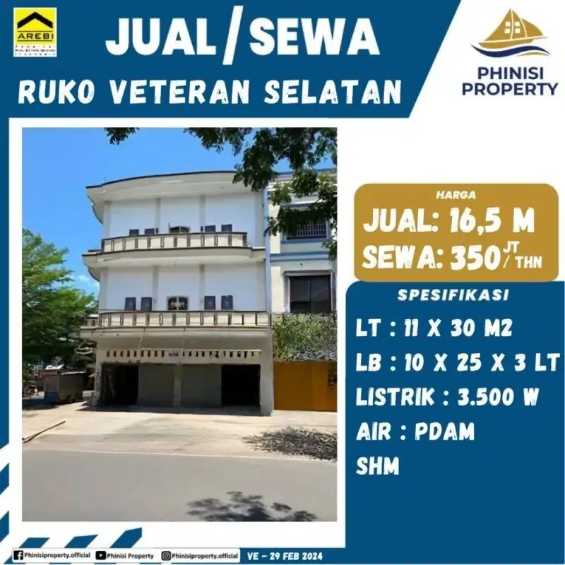 DIJUAL Ruko Lebar Parkiran Luas di Lokasi Strategis Jl Veteran Selatan