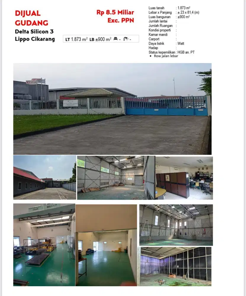 Dijual Pabrik/Gudang Kawasan Industri Delta Silicon Lippo Cikarang