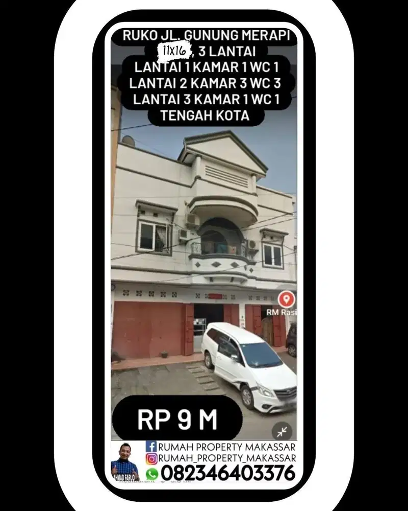 Trn hrg Ruko Jl. Gunung Merapi 11X16, 3 Lantai kmr 5 WC 5 Tengah kota