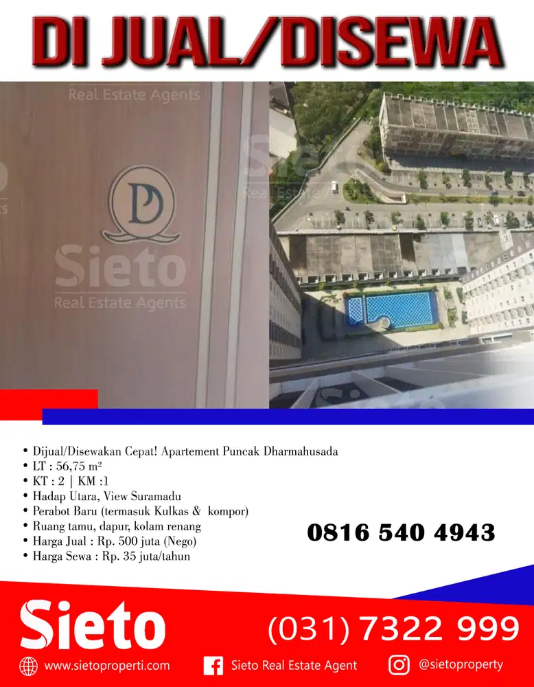 Dijual/Disewakan Cepat! Apartement Puncak Dharmahusada