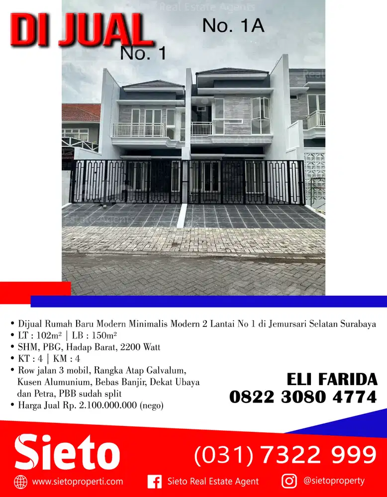 Dijual Rumah Baru 2 Lantai No 1A di Raya Jemursari Selatan