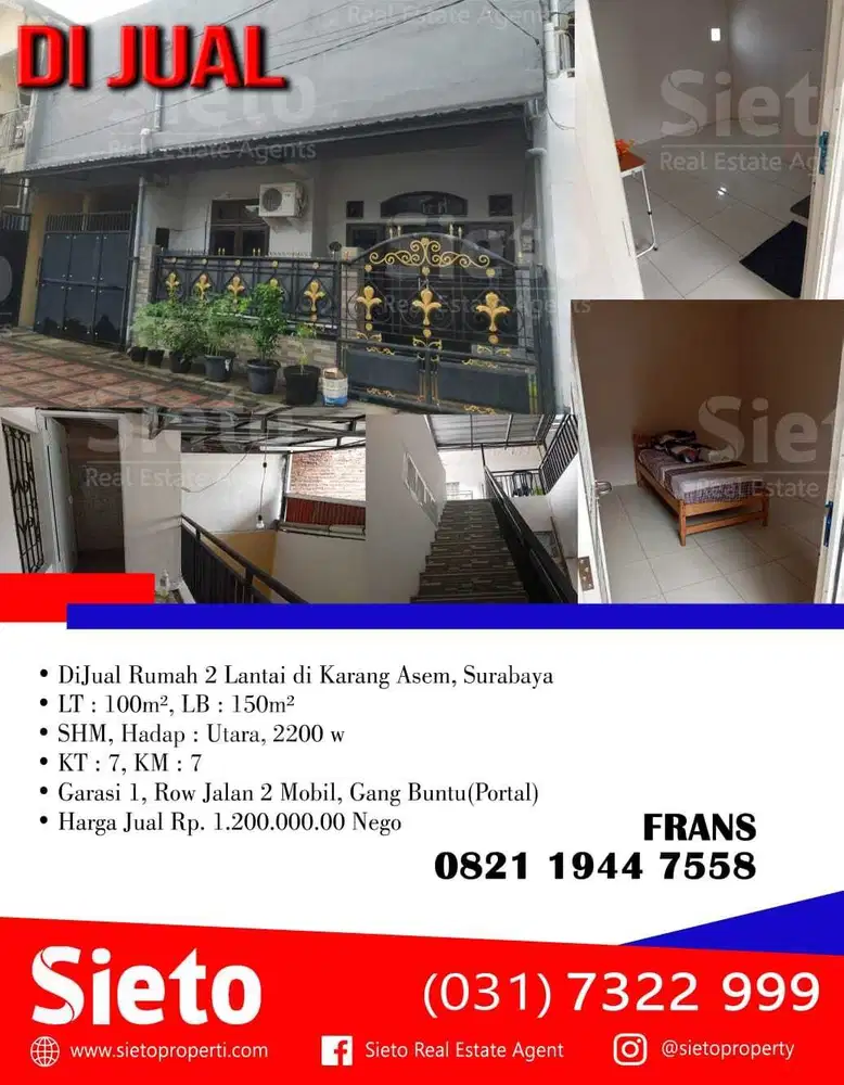 DiJual Rumah 2 Lantai di Karang Asem, Surabaya