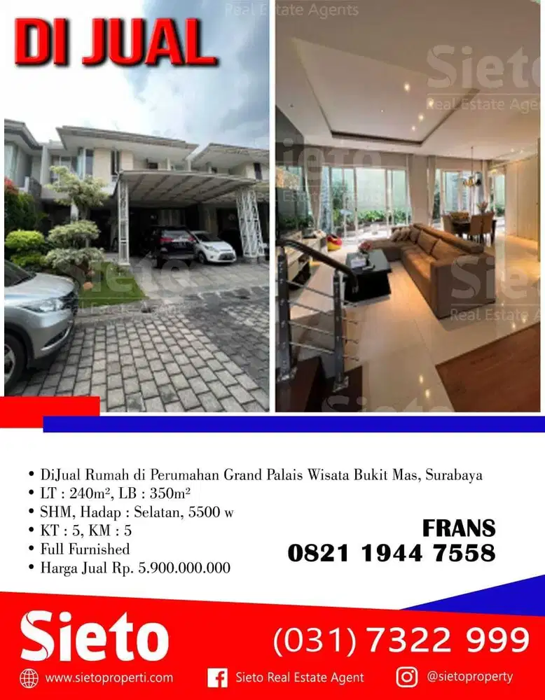 DiJual Rumah di Perumahan Grand Palais Wisata Bukit Mas, Surabaya