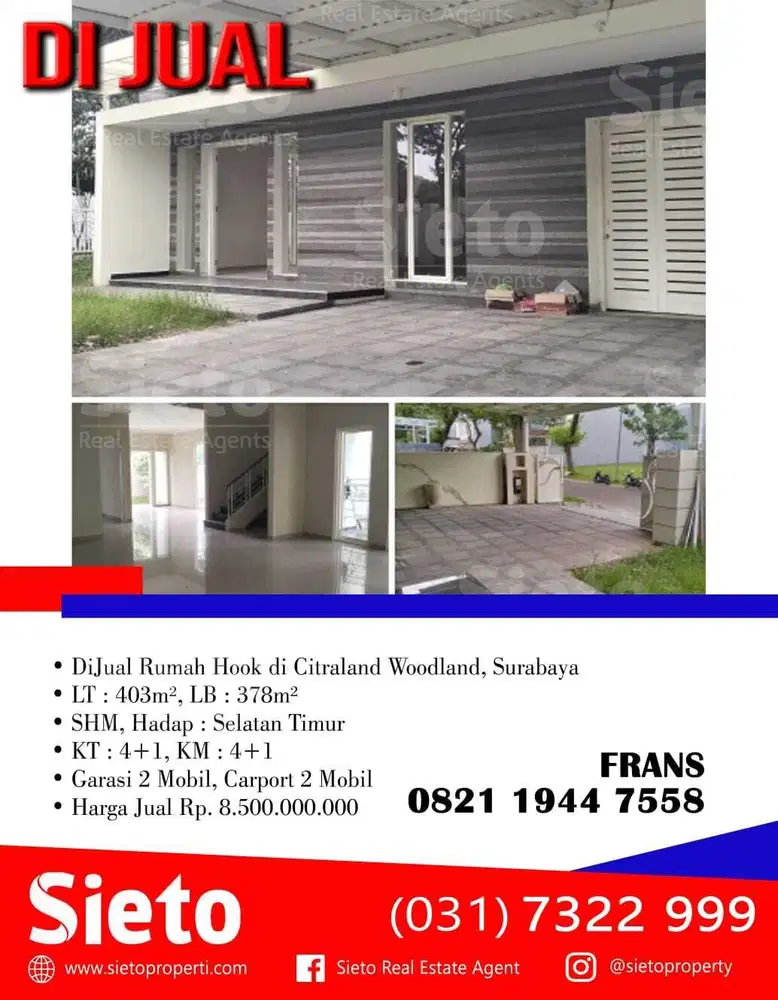 DiJual Rumah Hook di Citraland Woodland, Surabaya