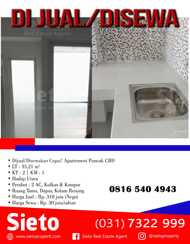 Dijual/Disewakan Cepat! Apartement Puncak CBD
