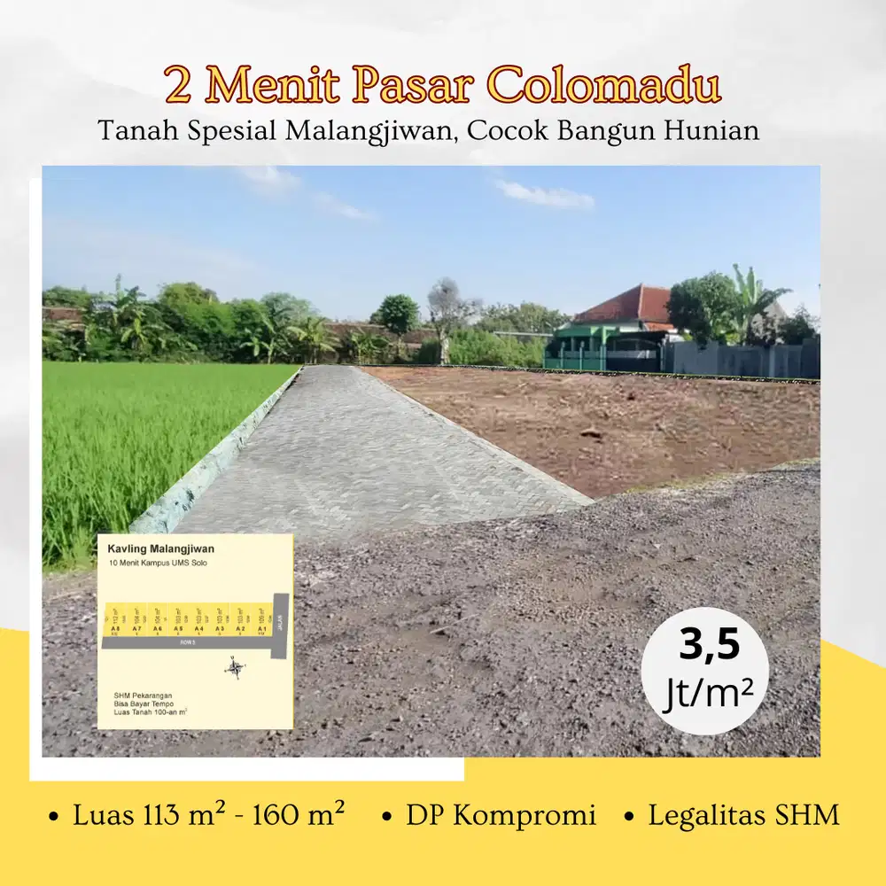 Tanah Belakang De Tjolomadoe, Luas 100an/m2, LD 8 Siap AJB Notaris