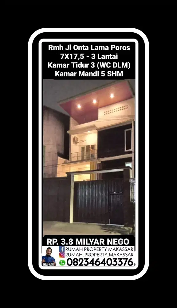 Rmh Jl Onta Lama Poros 7X17,5 - 3 Lantai Kamar Tidur 3 Kamar Mandi 5 M