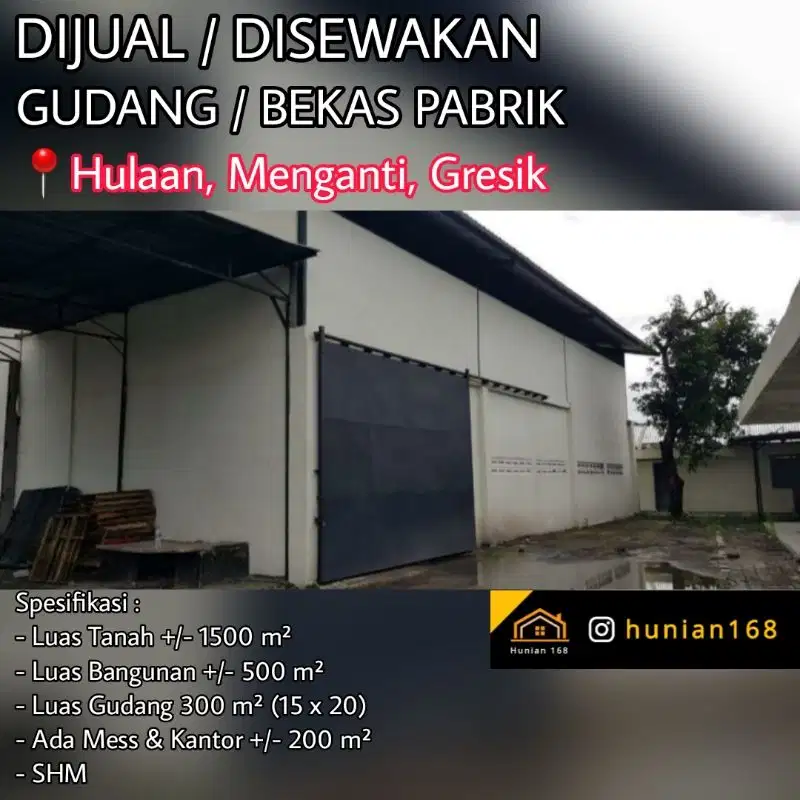 JUAL SEWA Gudang Pabrik Hulaan Menganti Randegansari Gresik Surabaya