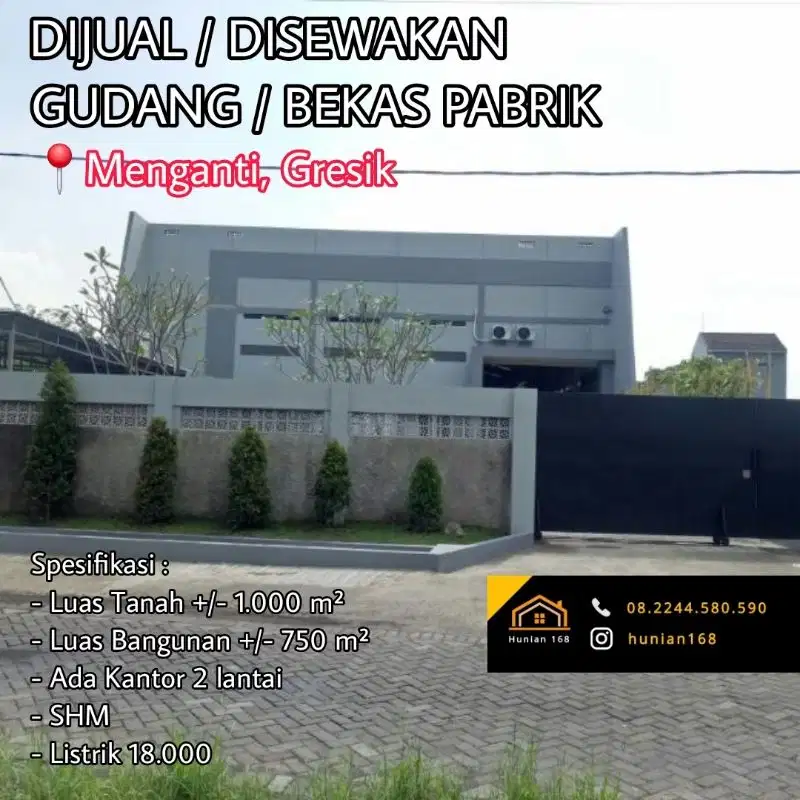 JUAL SEWA Gudang Pabrik Menganti Gudang Asri Hulaan Gresik Surabaya