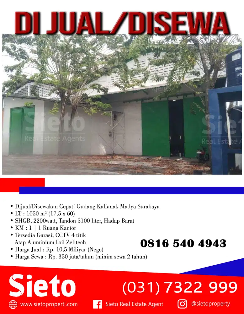 Dijual/Disewakan Cepat! Gudang Kalianak Madya Surabaya