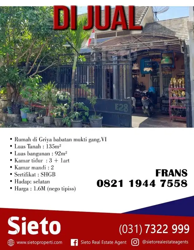 DIJUAL RUMAH DI GRIYA BABATAN MUKTI SURABAYA