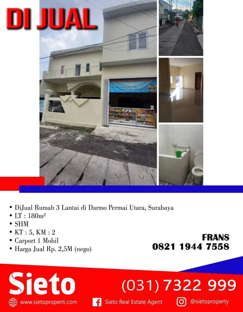 DiJual Rumah 3 Lantai di Darmo Permai Utara, Surabaya