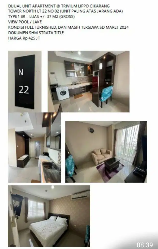 Dijual 1 bed room apartement trivium lippo cikarang bekasi